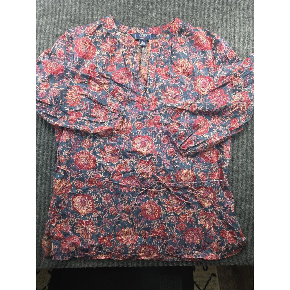 Chaps Denim Petite Floral Tunic Blouse Navy Red Cotton Tie Waist PL